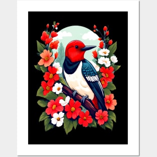 Cute Red Headed Woodpecker Surrounded by Vibrant Flowers Posters and Art